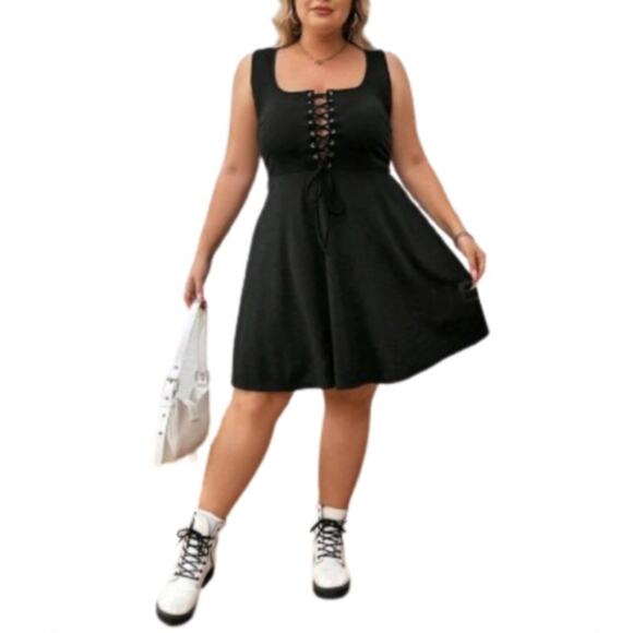 MIDNITE BLACK ☆ LACE-UP FRONT ☆ SKATER DRESS ☆ 5x ☆ NWT - Picture 7 of 8